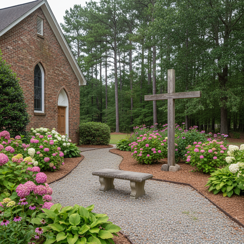 An outdoor prayer garden beside a small brick church, featuring a simple stone bench and a wooden cross set among flowering shrubs, hostas, and neatly edged mulch beds. A gravel path curves gently past the bench, leading back toward the church’s side entrance and a backdrop of tall pines and oaks typical of rural North Carolina. Soft, overcast light creates even, diffused illumination with minimal shadows, enhancing greens and earthy tones. Photographic realism and a three-quarter angle capture both garden and church in balanced composition. The atmosphere is contemplative and restful, suggesting a quiet place where church members can reflect, pray, and feel connected to God’s heart in the midst of everyday life.