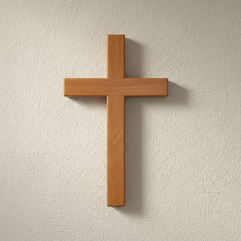 A close-up view of a polished wooden cross mounted on a textured, off-white sanctuary wall, its smooth grain and slightly worn edges catching the light. In the blurred background, rows of empty, deep-blue fabric pews stretch toward a simple chancel area, with a wooden communion table and pulpit visible. Soft, diffused daylight filters through unseen side windows, creating gentle highlights along the cross and subtle shadows on the wall. Shot in photographic realism with a shallow depth of field and a centered composition, the image feels reverent, calm, and contemplative, emphasizing the cross as the quiet heart of worship in a small rural church setting.