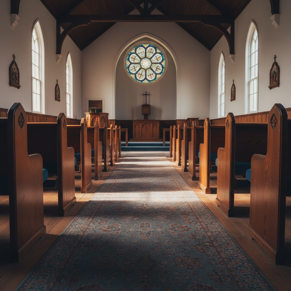 A serene interior view of a traditional church sanctuary in rural North Carolina, focusing on the center aisle leading toward a simple wooden altar and pulpit. Sturdy pews with blue cushions line both sides, their polished ends showing subtle signs of age and regular use. At the front, a modest stained-glass window glows softly, casting delicate colored patterns on the walls and carpet. Mid-morning sunlight filters through additional clear windows, filling the space with gentle, natural light and soft shadows. Captured in photographic realism from a low, centered perspective down the aisle, the composition draws the eye toward the chancel. The mood is peaceful, reverent, and inviting, suggesting a place where prayer, worship, and community gather weekly.