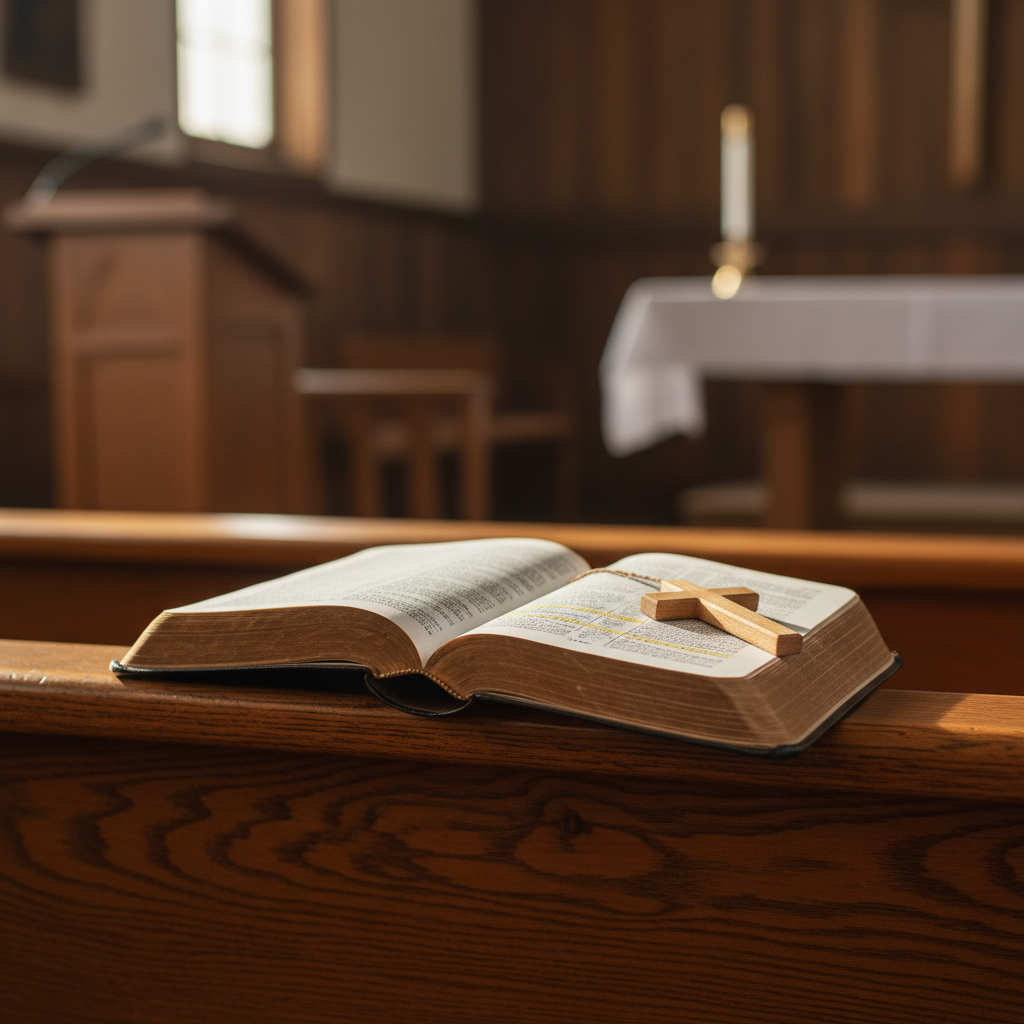 A well-worn, open Bible resting on a smooth wooden pew, its thin pages slightly curled at the edges and passages subtly highlighted. A small, simple wooden cross bookmark peeks out between the pages. In the background, out of focus, the sanctuary’s chancel area with pulpit and communion table is faintly visible. Warm afternoon sunlight streams through side windows, casting soft, angled light across the pages and creating gentle shadows along the pew’s grain. Photographic realism, a close-up composition, and shallow depth of field draw attention to the Scripture as the focal point. The mood is intimate, reflective, and grounded, symbolizing personal devotion and the centrality of God’s Word in the life of a rural church community.
